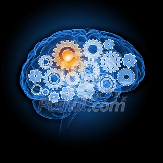 Illustration of human brain with cogwheel mechanisms