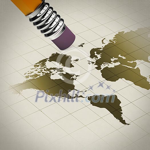 Pencil with rubber erasing illustration of world map