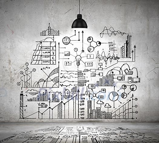 Drawn business plan on wall illuminated by lamp above Drawn business plan on wall illuminated by lamp above