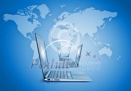Laptops against globe blue illustration. Globalization concepts