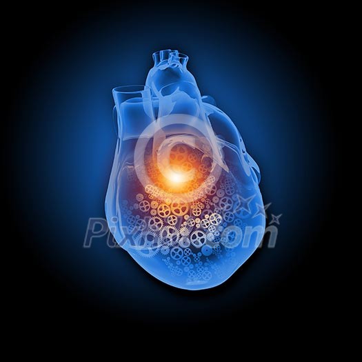 Human heart with cog and gear mechanisms against black background Human heart with cog and gear mechanisms against black background