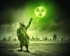 Man in respirator against nuclear background. Radioactivity concept