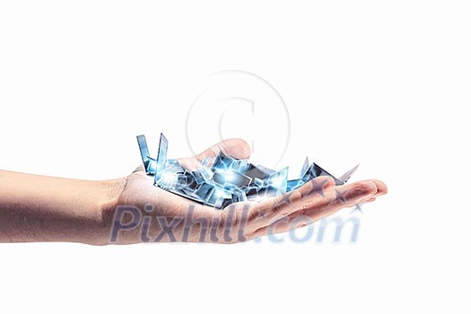 Pile of laptops in human hand. Technology concept
