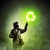 Image of man in gas mask and protective uniform touching recycle sign
