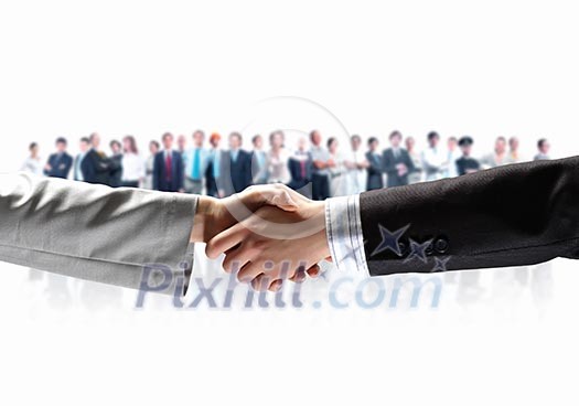 Handshake of business people with people at background