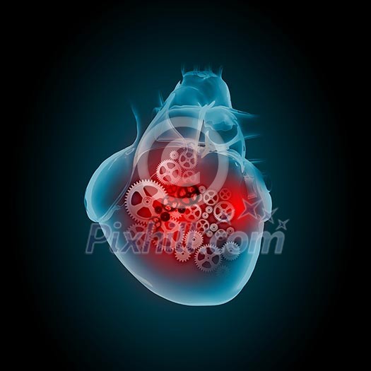 Human heart with cog and gear mechanisms against black background