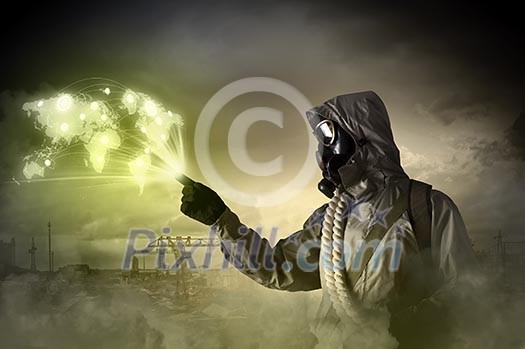 Image of man in gas mask and protective uniform touching globe illustration