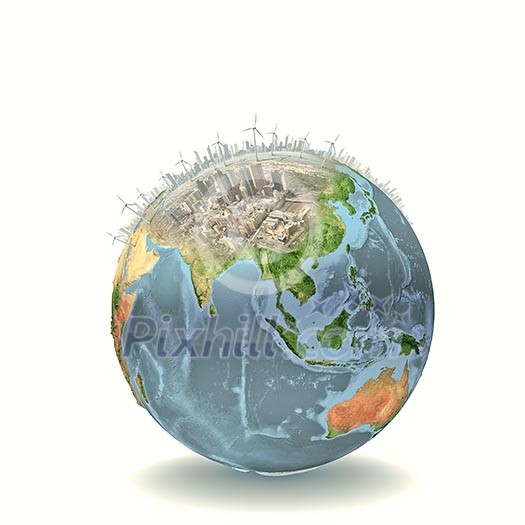 Earth planet image with buildings on surface. Elements of this image are furnished by NASA