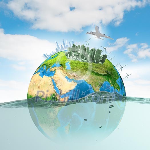 Image of earth planet floating in water. Global warming. Elements of this image are furnished by NASA Image of earth planet floating in water. Global warming. Elements of this image are furnished by NASA