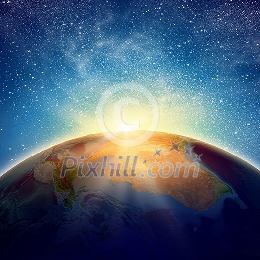 Earth planet in sun rays. Elements of this image are furnished by NASA Earth planet in sun rays. Elements of this image are furnished by NASA