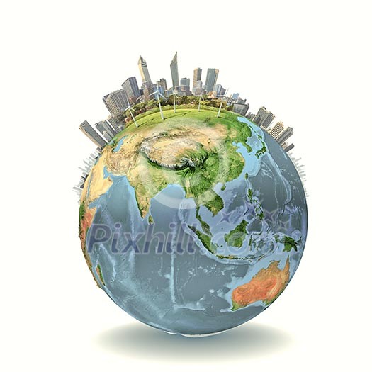 Earth planet image with buildings on surface. Elements of this image are furnished by NASA