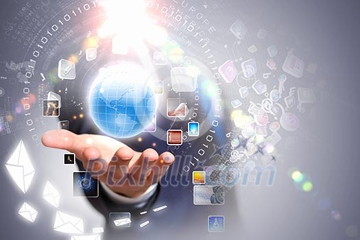 Person holding illustration of globe in hand. Media technologies Person holding illustration of globe in hand. Media technologies