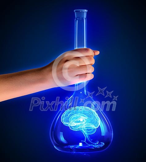 Human hand holding test tube with brain illustration Human hand holding test tube with brain illustration
