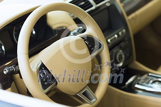 Interior view of car with leather salon Interior view of car with leather salon