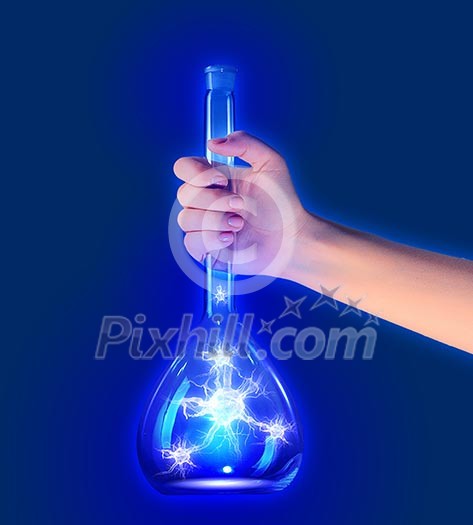 Close up of human hand holding tube with DNA molecule Close up of human hand holding tube with DNA molecule