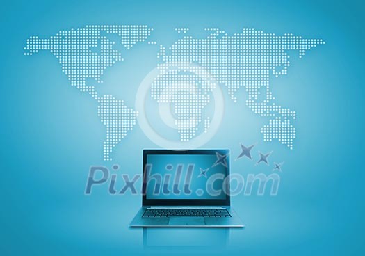 Laptops against world map background. Connection and cooperation Laptops against world map background. Connection and cooperation