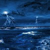 Image of night stormy sea with big waves and lightning
