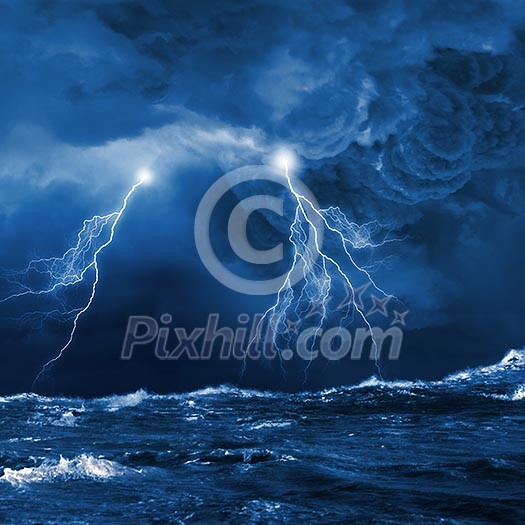 Image of night stormy sea with big waves and lightning