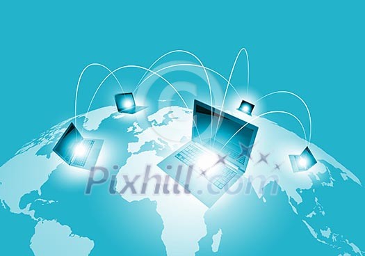 Laptops against world map background. Connection and cooperation Laptops against world map background. Connection and cooperation