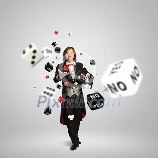 Image of magician in red bow-tie throwing dice Image of magician in red bow-tie throwing dice