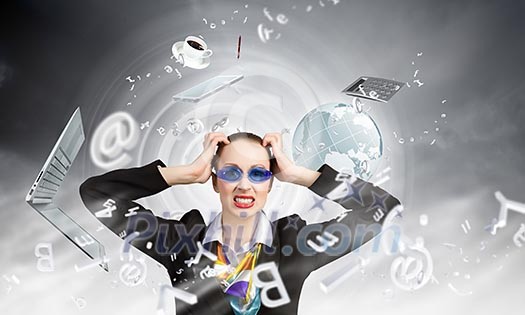 Image of irritated businesswoman in goggles with business collage at background Image of irritated businesswoman in goggles with business collage at background