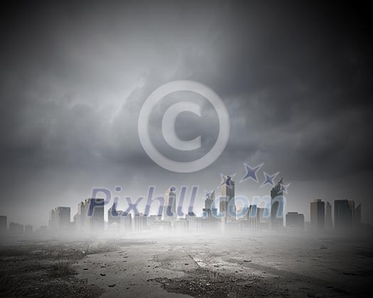 Background image of modern city in mist