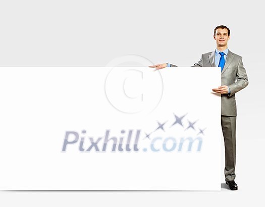 Advertising manager with billboard. Place for text Advertising manager with billboard. Place for text