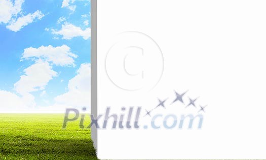 Background image with blank wall and nature landscape