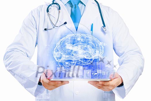 Close up of doctor's body holding tablet pc with media illustration