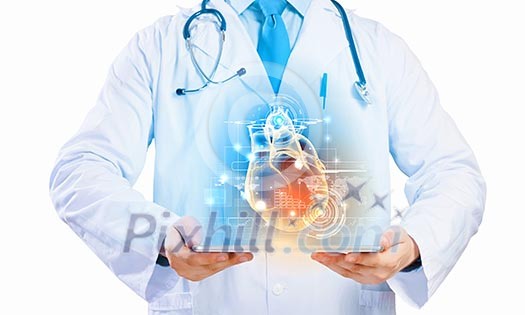 Close up of doctor's body holding tablet pc with media illustration Close up of doctor's body holding tablet pc with media illustration