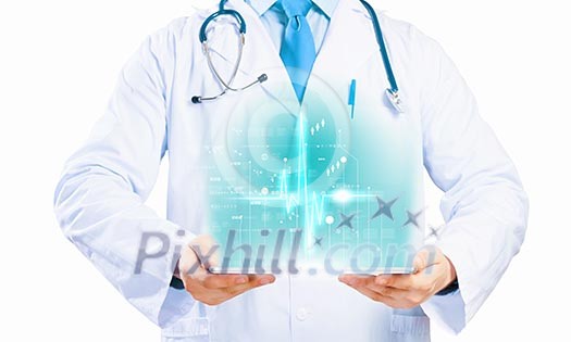 Close up of doctor's body holding tablet pc with media illustration Close up of doctor's body holding tablet pc with media illustration