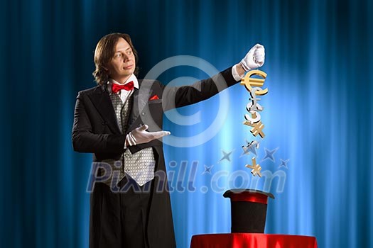 Image of wizard showing tricks with his hat. Currency concept Image of wizard showing tricks with his hat. Currency concept