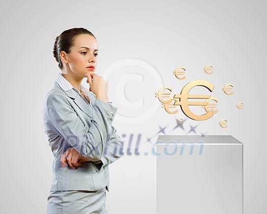 Image of thoughtful businesswoman with euro symbol. Currency concept
