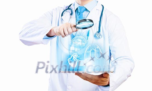 Close up of doctor's body holding tablet pc with media illustration Close up of doctor's body holding tablet pc with media illustration