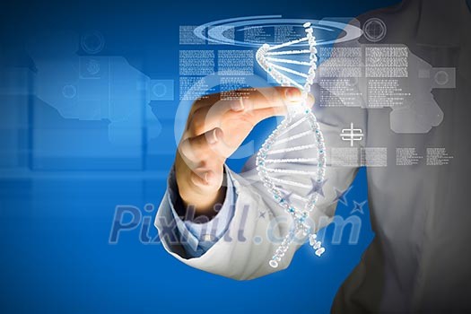 Woman scientist touching DNA molecule image at media screen Woman scientist touching DNA molecule image at media screen