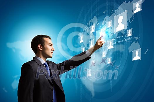 Image of businessman touching icon of media screen. Social nets