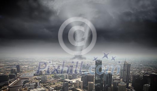 Image of powerful huge tornado twisting above city Image of powerful huge tornado twisting above city