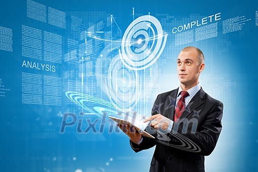 Image of businessman with tablet pc against media background