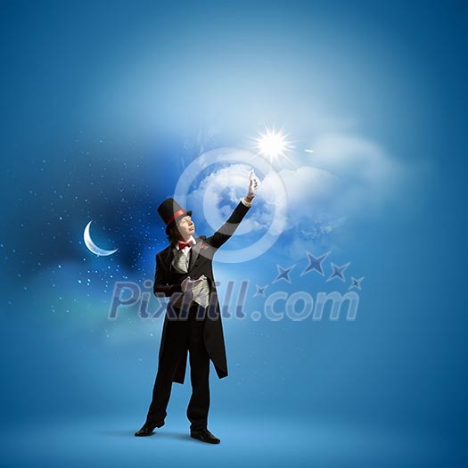 Image of man magician against color background Image of man magician against color background