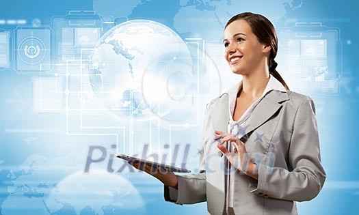Young businesswoman with tablet pc in hands. Globalization concept
