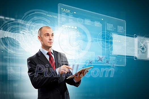 Image of businessman with tablet pc against media background