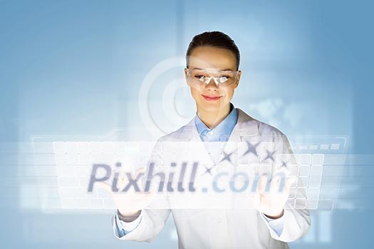 Image of young woman scientist touching icon of media screen Image of young woman scientist touching icon of media screen