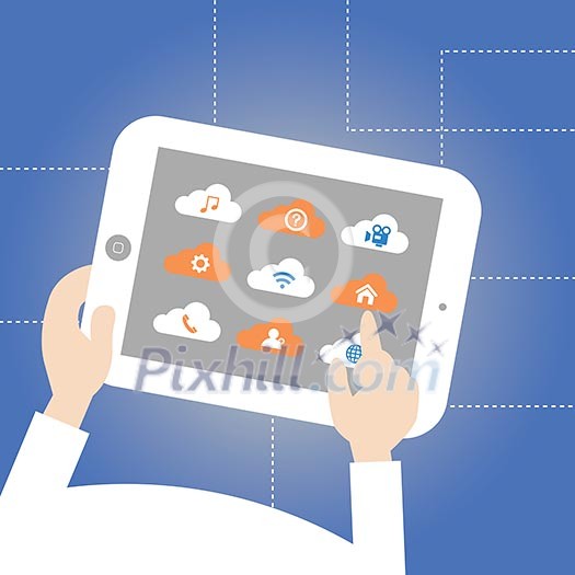 Conceptual vector drawing of cloud computing apps on ipad Conceptual vector drawing of cloud computing apps on ipad
