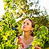 Pretty female gardener taking care of her lovely garden on a lovely spring day - cutting branches, double digging/loosening the soil with a spade