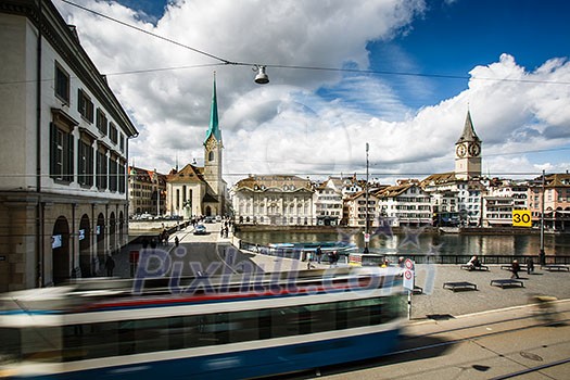 Zurich cityscape with motion blurred city traffic