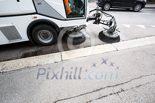 Detail of a street sweeper machine/car cleaning the road