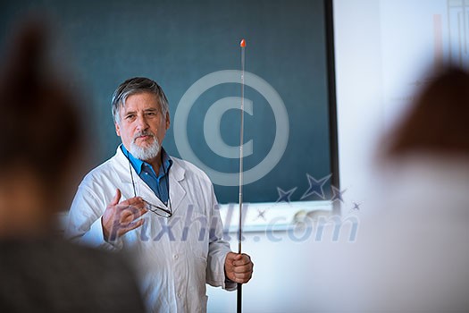 Senior chemistry professor giving a lecture in front of classroom full of students (shallow DOF; color toned image) Senior chemistry professor giving a lecture in front of classroom full of students (shallow DOF; color toned image)