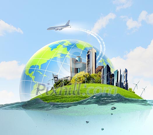 City on island floating in water. Global warming City on island floating in water. Global warming