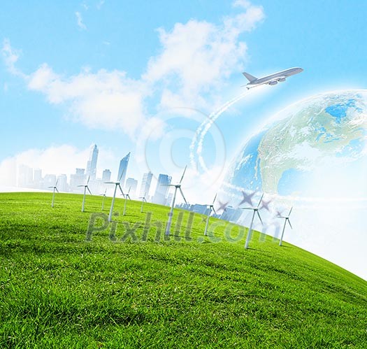 City on island floating in water. Global warming. Elements of this image are furnished by NASA City on island floating in water. Global warming. Elements of this image are furnished by NASA