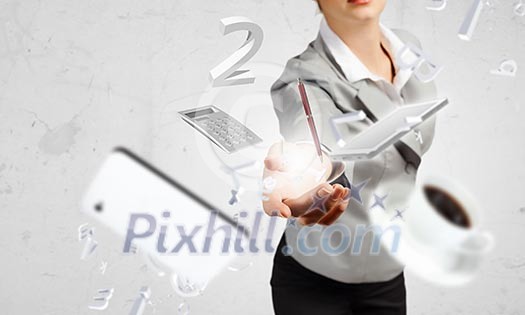 Businesswoman, secretary throwing devices. Office life concept Businesswoman, secretary throwing devices. Office life concept